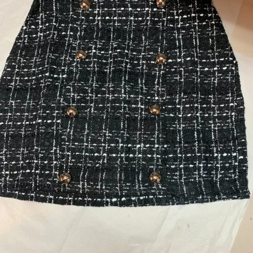 Black Tweed Button Mini Skirt